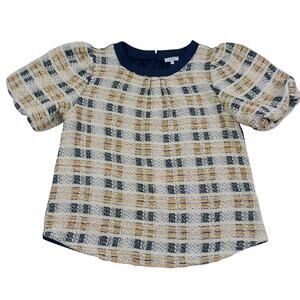 Voy Preppy Academia Classy Plaid Quilted Puff Sleeve Dressy Top Women's Size S
